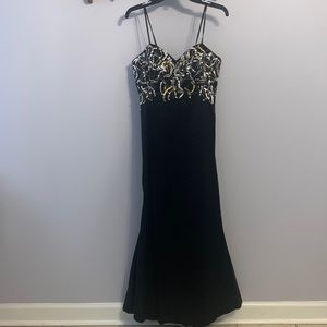 Black Fit & Flare Prom Dress with Silver & Gold Accent Detailing